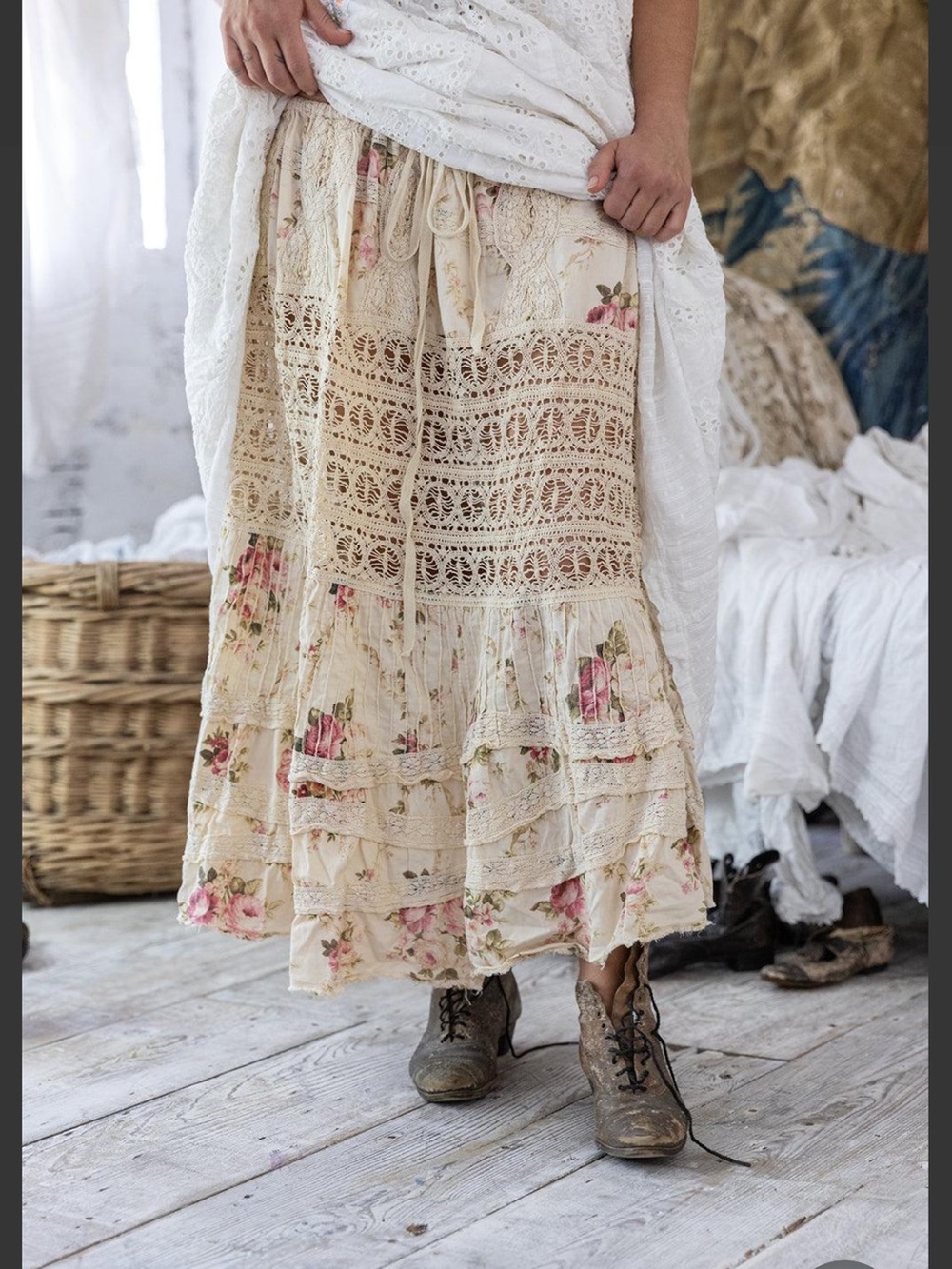 Magnolia Pearl Love Company Ada Lovelace Skirt with Pink Floral & Crochet Panels